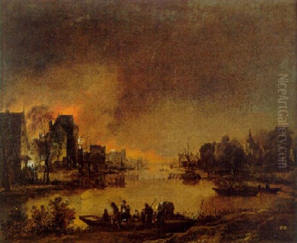 A Fire At Night In A Town On A River With A Ferry In The Foreground - view 1