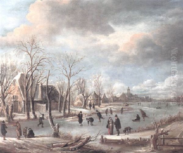 Winter Landscape With Figures Skating On A Frozen River - view 1