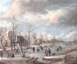 Winter Landscape With Figures Skating On A Frozen River by Aert van der Neer