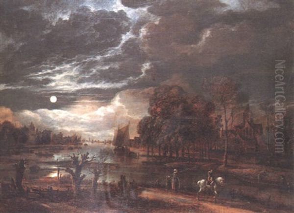 A Moonlit River Landscape With A Man On A Horse Passing A Woman And Child - view 1