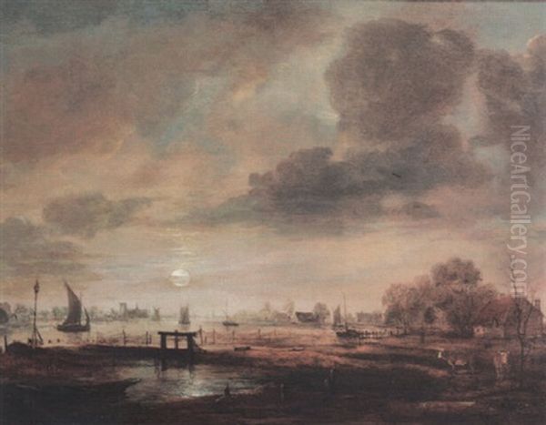 Moonlit River Landscape With Sailing Boats And Fishing Nets - view 1