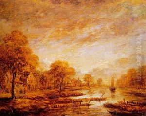 A Twilight River Landscape With A Figure And A Village by Aert van der Neer