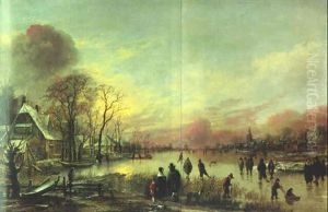 An Extensive Winter Landscape Of A Frozen Lake With Skaters, Houses Nearby And A Church In The Background by Aert van der Neer