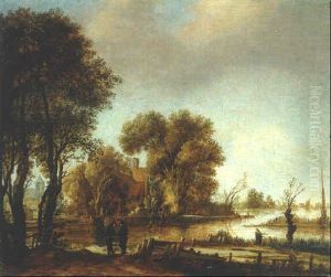 A River Landscape With Men Conversing On A Track