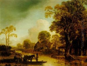 A River Landscape With Figures Ferrying Horses A River Landscape With Figures Ferrying Horses
