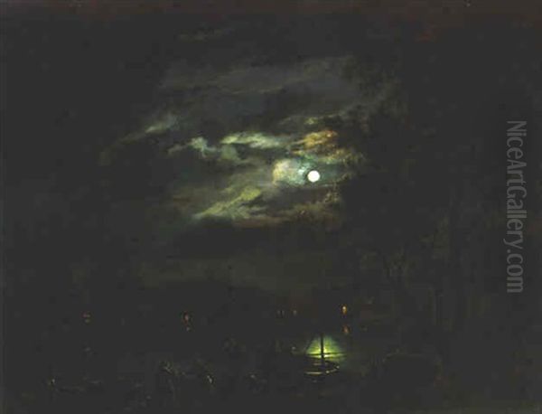 Fishermen At A Lake By Moonlight - view 1