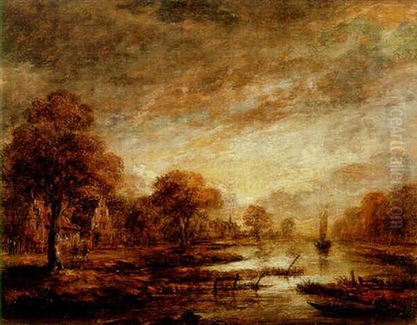 A Twilight River Landscape With Figures And Village - view 1