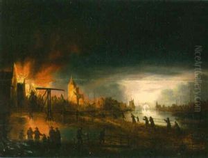 A Moonlit River Landscape With A Burning Town