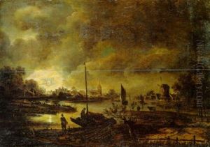 A River Landscape At Night With Peasants By A Boat And Woodpile, A Town Beyond