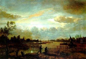 Mondscheinlandschaft Mit Zwei Fischern An Einem Wasserlauf