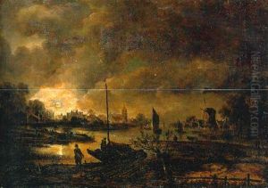 A River Landscape At Night With Peasants By A Boat And A Woodpile, A Town Beyond A River Landscape At Night With Peasants By A Boat And A Woodpile, A Town Beyond