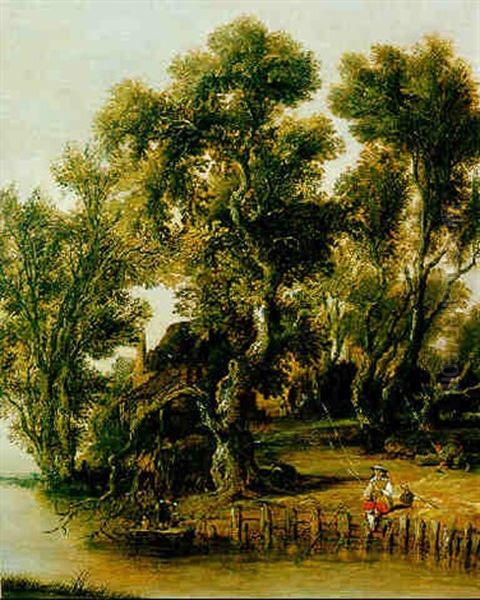 Flussufer Mit Gehoeft Und Einem Angler - view 1