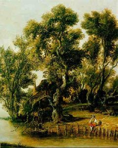 Flussufer Mit Gehoeft Und Einem Angler Flussufer Mit Gehoeft Und Einem Angler