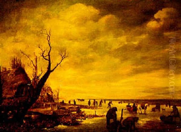 A Winter Landscape With Figures On A Frozen River - view 1