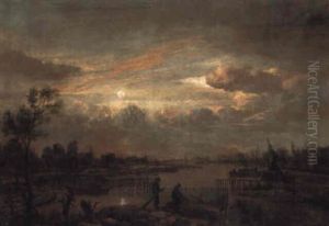 Fishermen Laying Nets In A River At Moonlight, A Village Beyond by Aert van der Neer