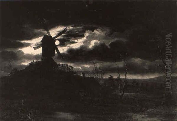 A Moonlit Landscape With A Windmill On An Outcrop - view 1
