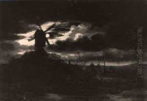A Moonlit Landscape With A Windmill On An Outcrop by Aert van der Neer