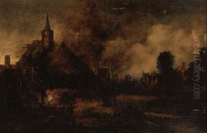 A Village By A River At Moonlight With Burning Church