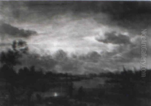 Moonlight River Landscape With Figures, Village And Windmill - view 1
