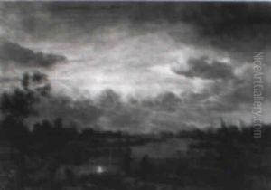 Moonlight River Landscape With Figures, Village And Windmill Moonlight River Landscape With Figures, Village And Windmill