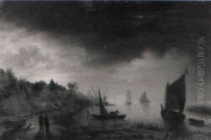 Mondscheinlandschaft Mit Fischern In Booten Mondscheinlandschaft Mit Fischern In Booten