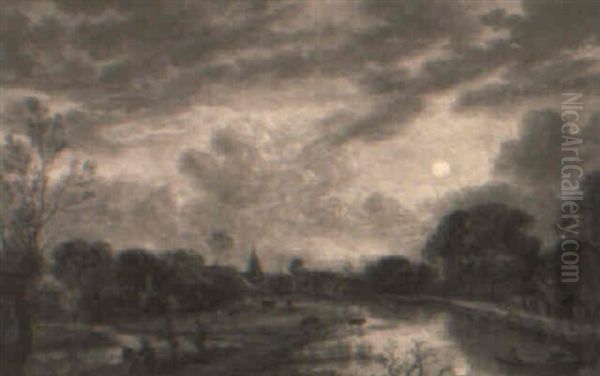 A Moonlit Landscape With Fishermen Mending Their Nets On A Riverbank - view 1