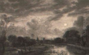 A Moonlit Landscape With Fishermen Mending Their Nets On A Riverbank by Aert van der Neer