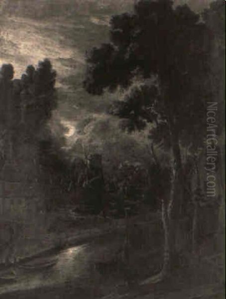 A Moonlit River Landscape With A Windmill - view 1