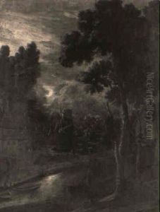A Moonlit River Landscape With A Windmill A Moonlit River Landscape With A Windmill