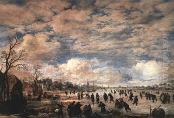 Skaters And Kolf Players On A Frozen Waterway - view 1