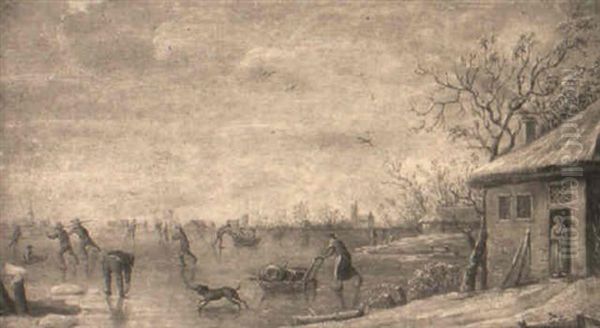 Peasants Skating On A Frozen Waterway - view 1