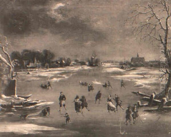 Peasants Skating And Playing Golf On Frozen Waterway - view 1