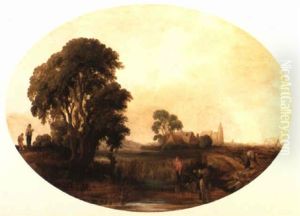 A Marshy Landscape With Figures Gathering Reeds