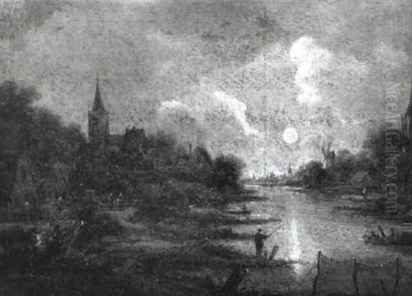 Moonlit River Landscape With Fishing Nets - view 1