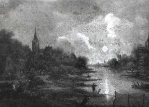 Moonlit River Landscape With Fishing Nets by Aert van der Neer