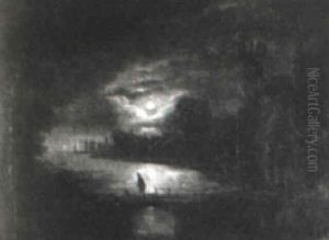 A Moonlit Scene With Figures Conversing At The Castle Gates