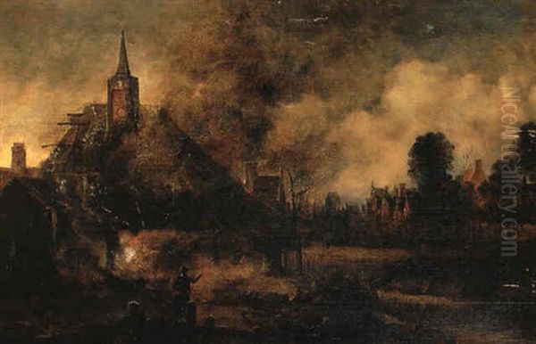 A Village By The River At Moonlight With A Church On Fire - view 1