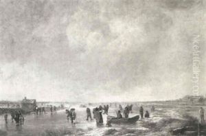 Kolf Players And Skaters On A Frozen River by Aert van der Neer