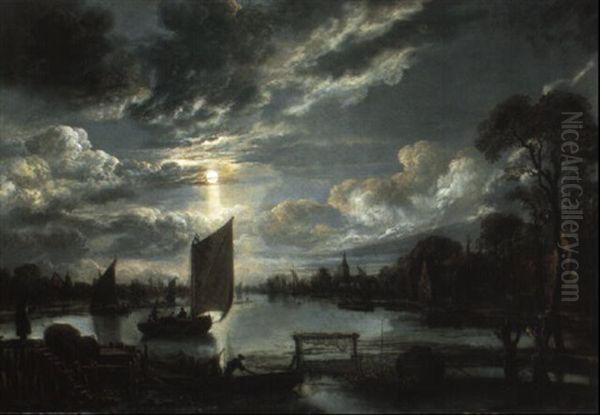 Moonlit Village River Landscape With Boats - view 1
