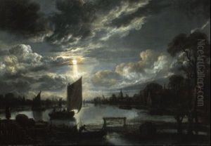 Moonlit Village River Landscape With Boats by Aert van der Neer