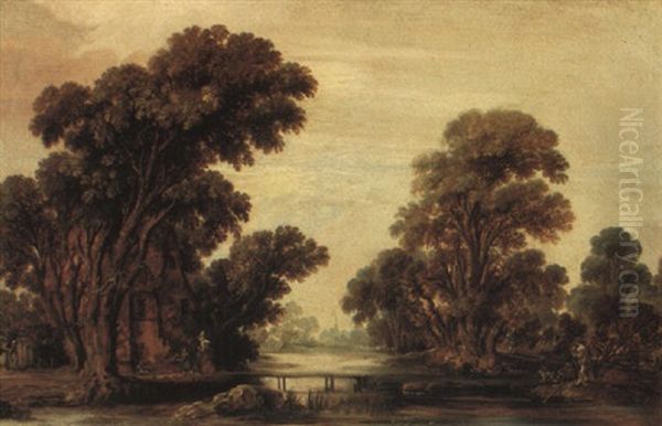 Wooded River Landscape With A Woman And Child By A Cottage - view 1