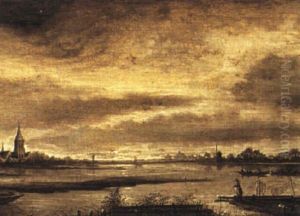 Evening River Landscape With Figures Fishing And Boating With Buildings