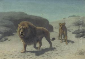 A Lion And Lioness In The Desert by John Alex. Harington Bird