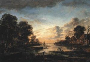 River Landscape With Fishermen Near A Village At Dusk River Landscape With Fishermen Near A Village At Dusk