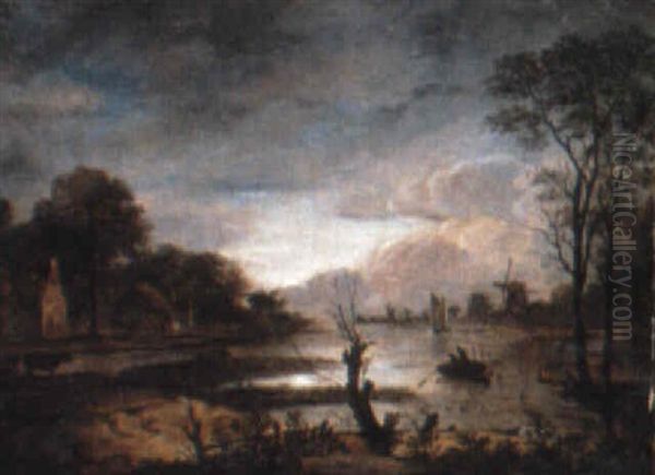 River Landscape At Sunset With Boats And Cattle - view 1