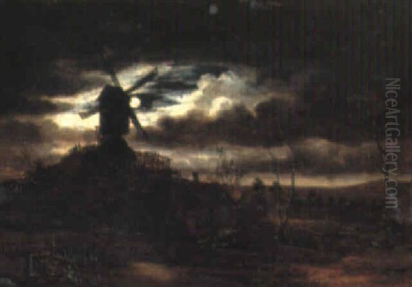 Moonlit Landscape With A Windmill - view 1