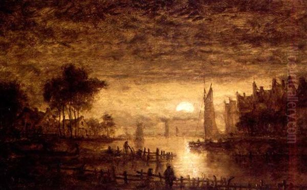 Moonlit River View With Village And Figures - view 1