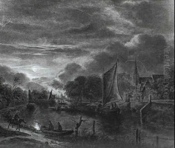 A Moonlight River Landscape With A Smalschip Anchored Before Two Figures Standing On A Wooden Bridge: On The Near - view 1