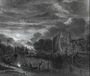 A Moonlight River Landscape With A Smalschip Anchored Before Two Figures Standing On A Wooden Bridge: On The Near by Aert van der Neer