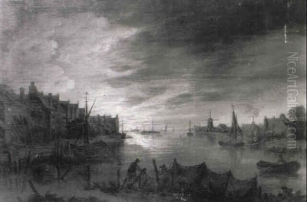 Fisherman Setting Their Nets In A Moonlit Landscape - view 1